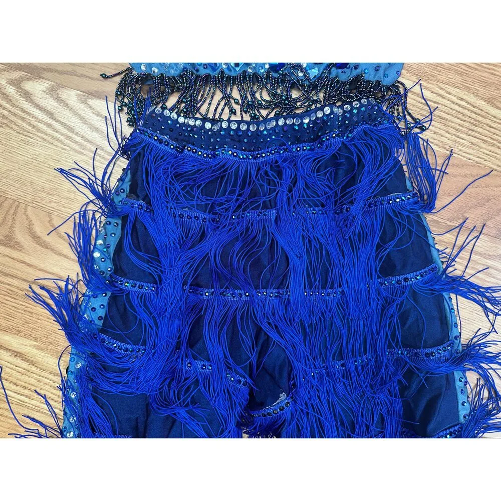 Pre-Owned Dance Costume Large Child Blue Glamour Jazz Tap Clogging Latin Fringe